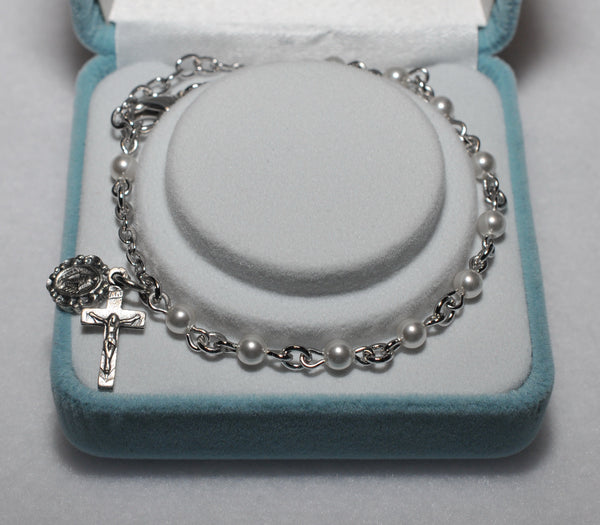 Swarovski Rosary Bracelet White Pearl Catholic Shoppe USA