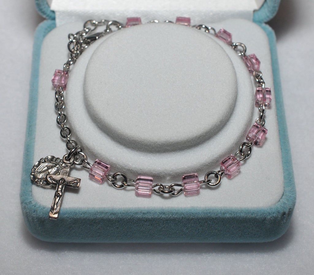 Swarovski Crystal Rosary Bracelet Light Rose Cube - Catholic Shoppe USA