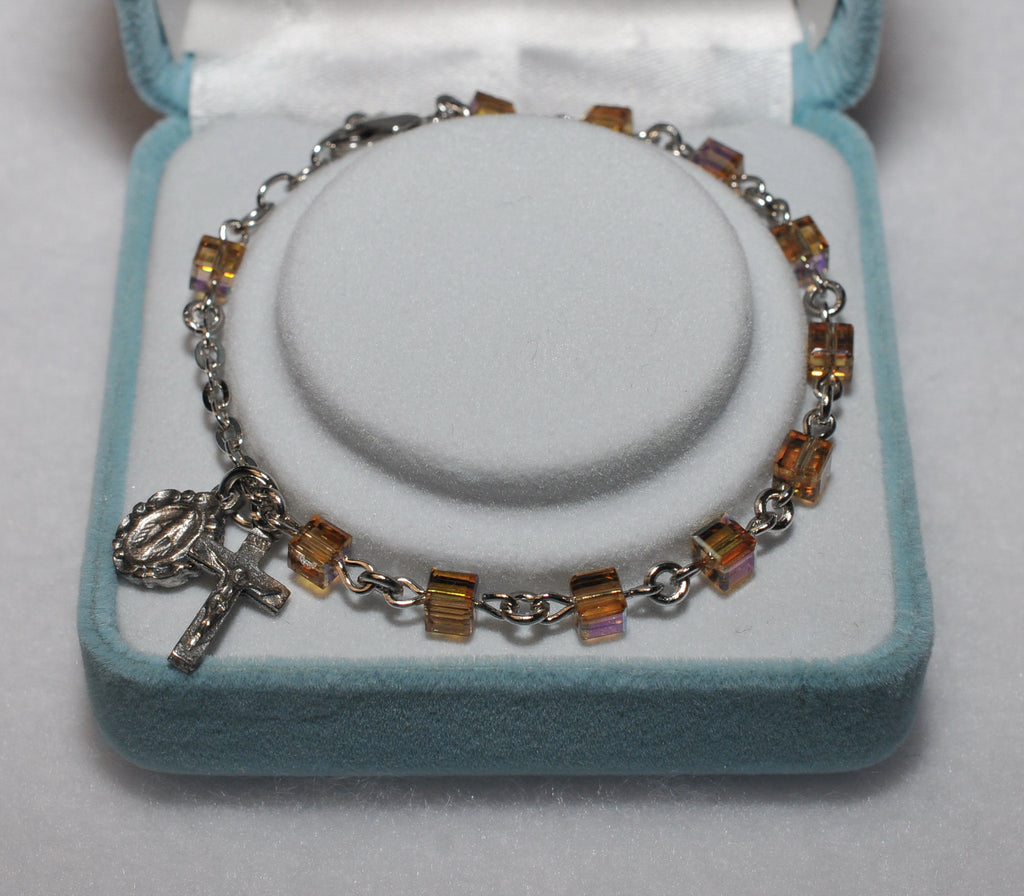 Swarovski Crystal Rosary Bracelet Topaz Cube - Catholic Shoppe USA