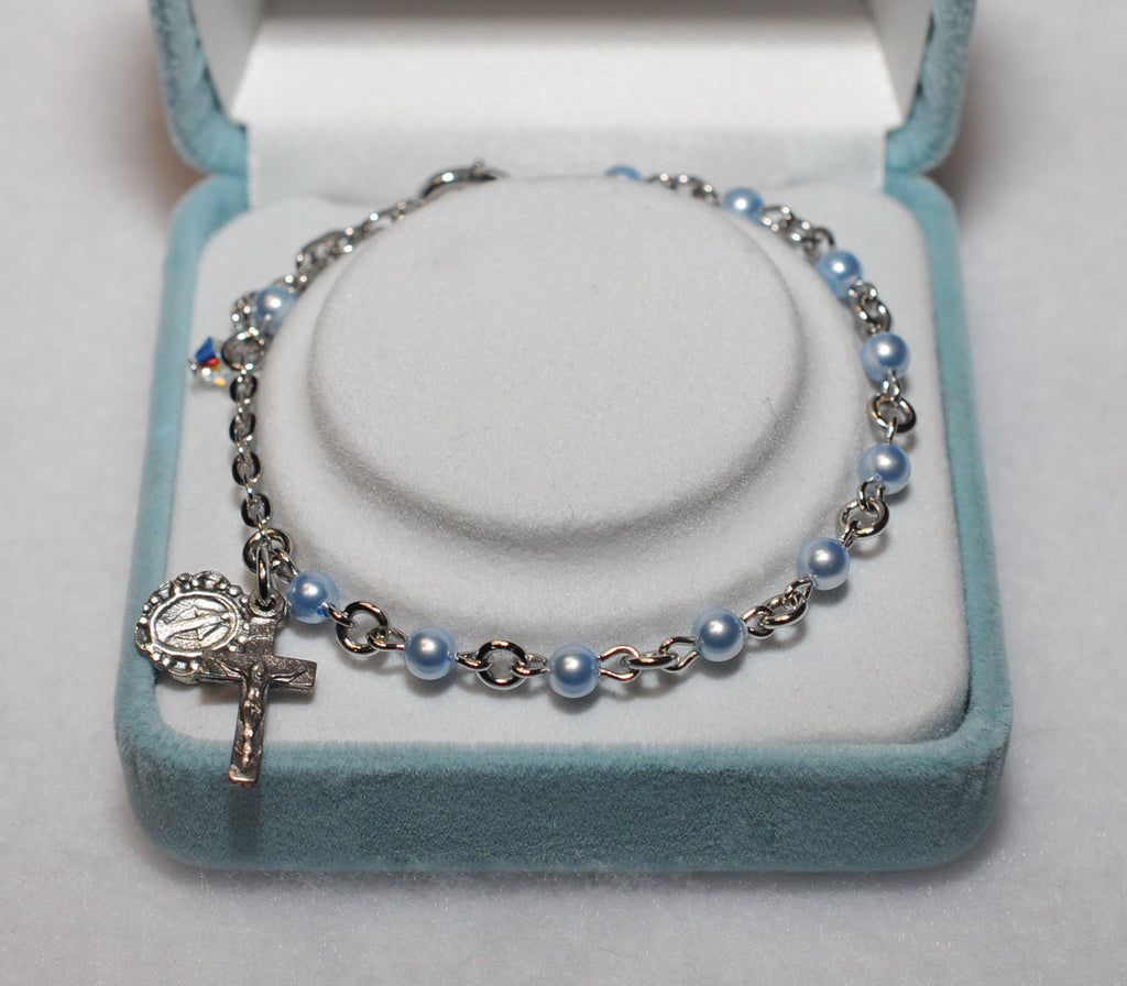 Swarovski Rosary Bracelet Blue Pearl - Catholic Shoppe USA